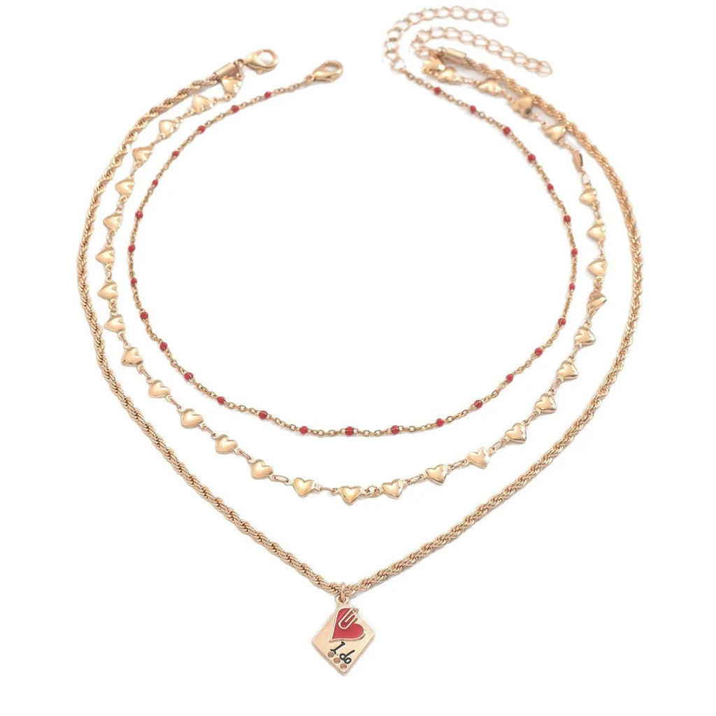 Three-layer clavicle necklace with geometric heart pendants on adjustable chain