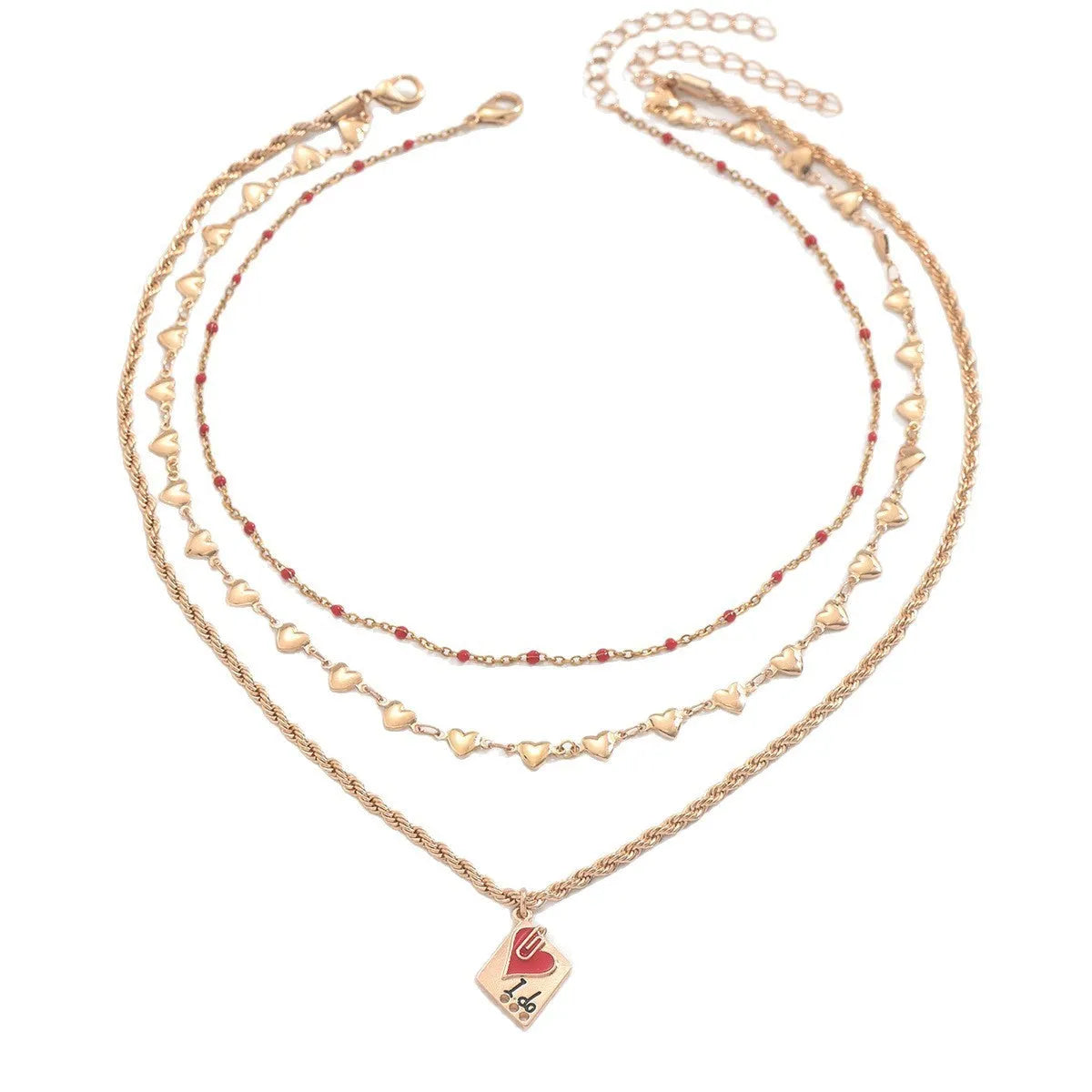 Three-layer clavicle necklace with geometric heart pendants on adjustable chain