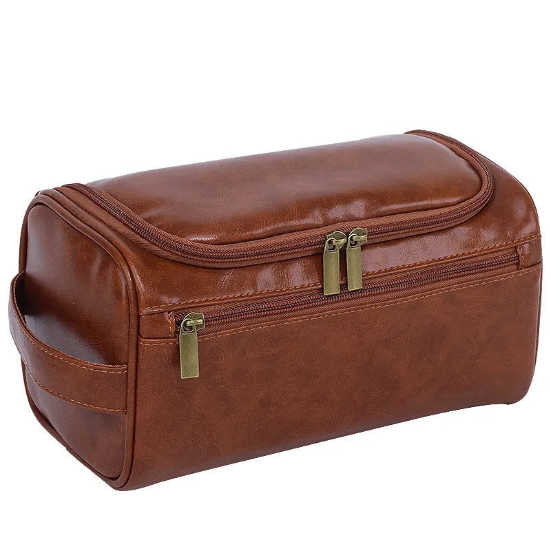 Large waterproof cosmetic bag in retro style, shown in brown PU leather and navy blue Oxford cloth options.