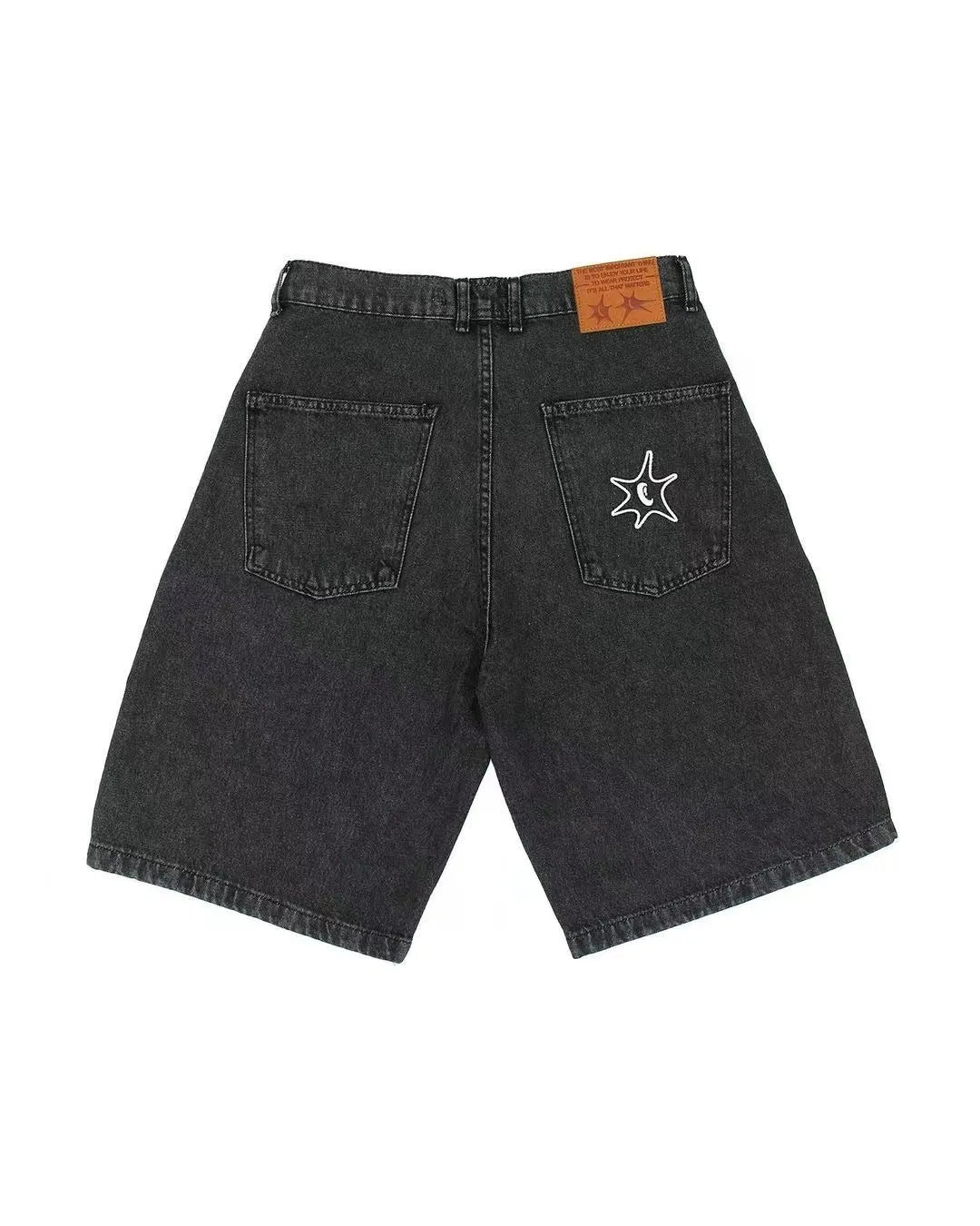 Men's blue denim hip hop shorts with straight leg cut on mannequin