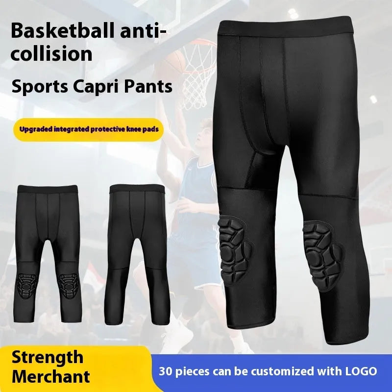 Men's basketball cropped pants with integrated knee pads in black, TWA-0205