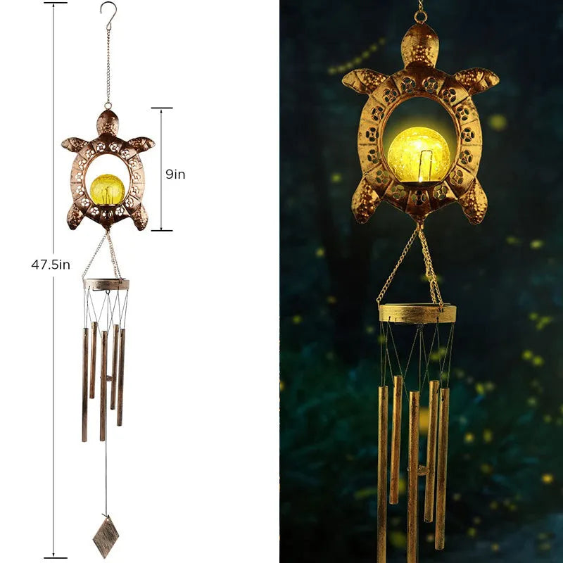 Wrought iron and glass solar wind chime pendant with warm white LED, Moon Star or Sun style, 18x11x104cm
