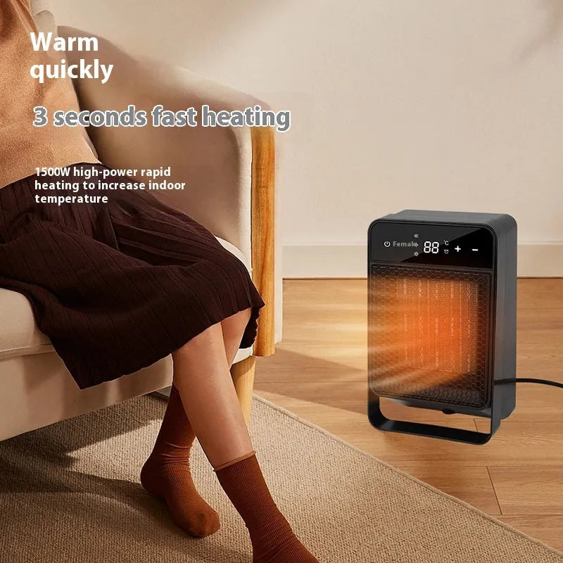 Black desktop warm air blower with touch screen digital display on a desktop