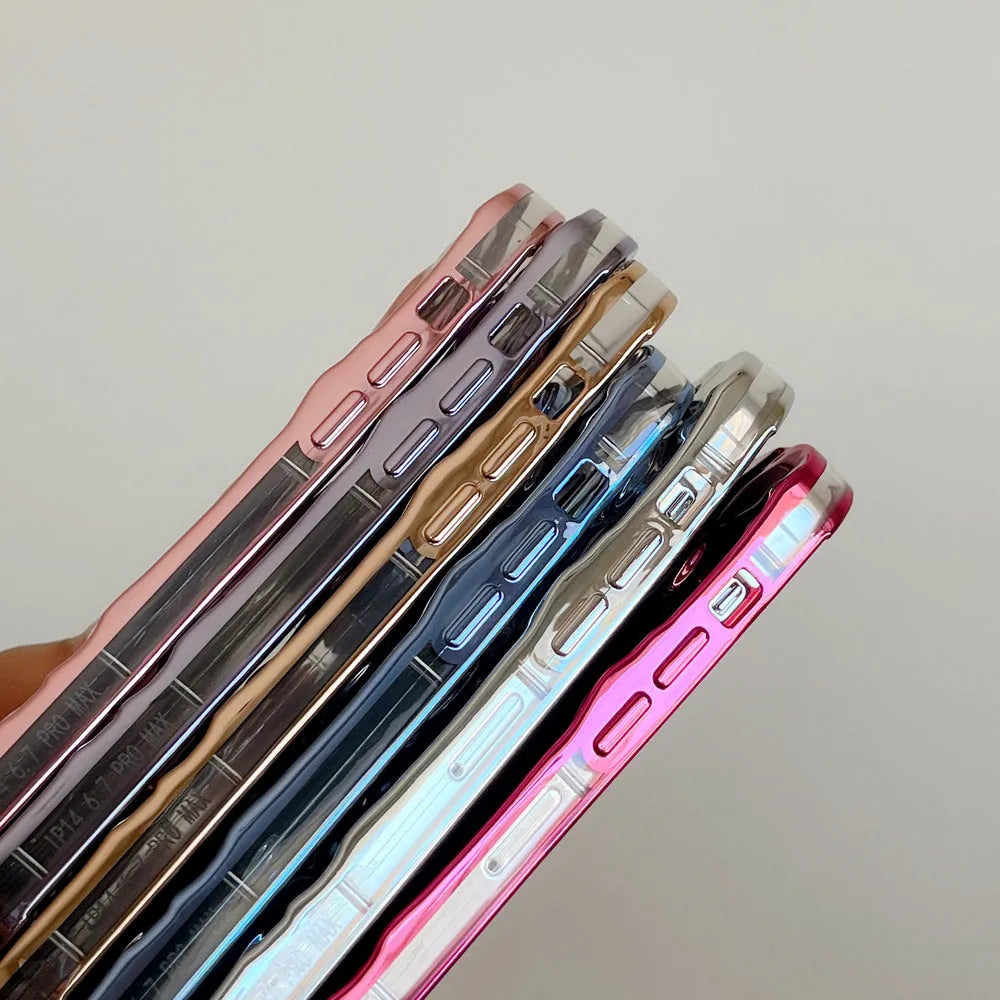 Three-dimensional pleated TPU phone case for Apple iPhone with electroplating finish in pink colour