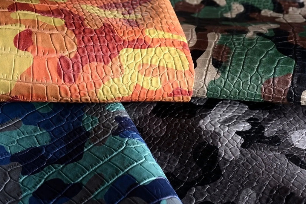 Camouflage PU phone case for Google Pixel, showing pattern and colour options of green, gray, blue, orange