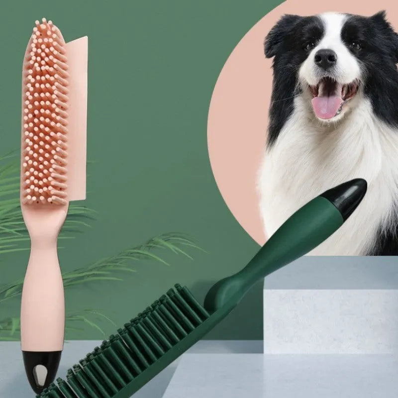 Self-cleaning dog brush pet hair remover in green with integrated hair collector, on white background