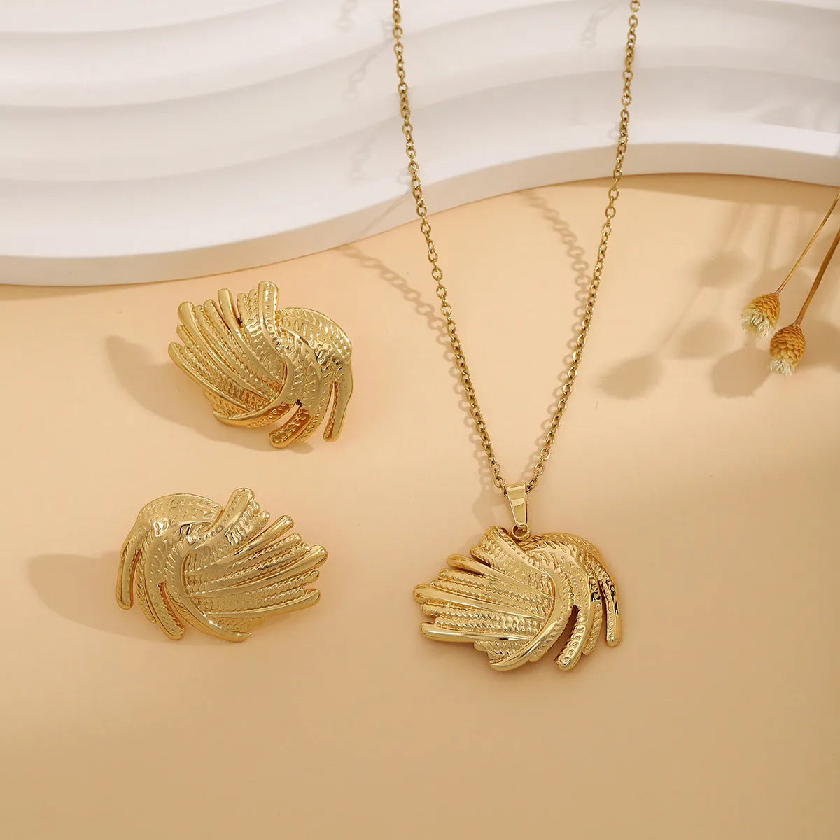 Geometric leaves texture flower love heart earrings and necklace set with stainless steel pendant on regular chain