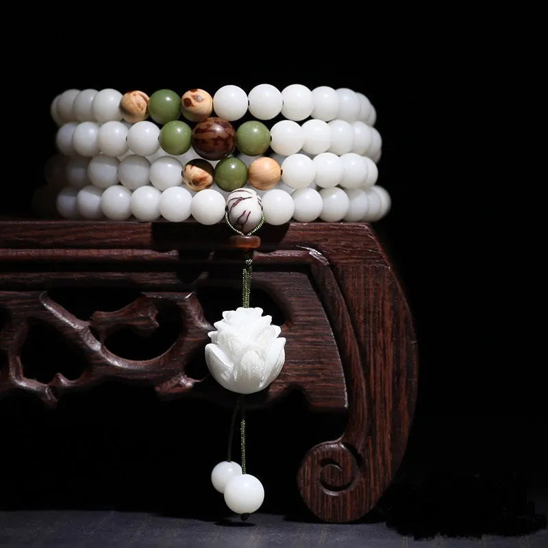 White jade Bodhi bead long bracelet with 6x8mm beads in multiple style options