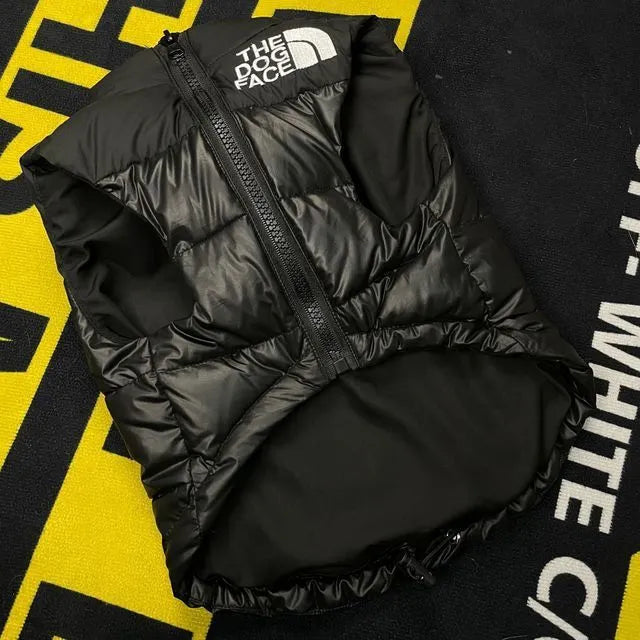 Thick warm down vest for small breed dogs in black, front view, with size S to XXL options