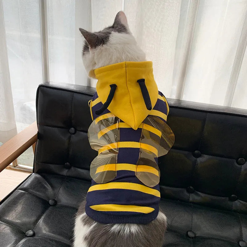 Bee pet hoodie plush winter coat in yellow striped bee transfiguration, sizes XS to XXXL