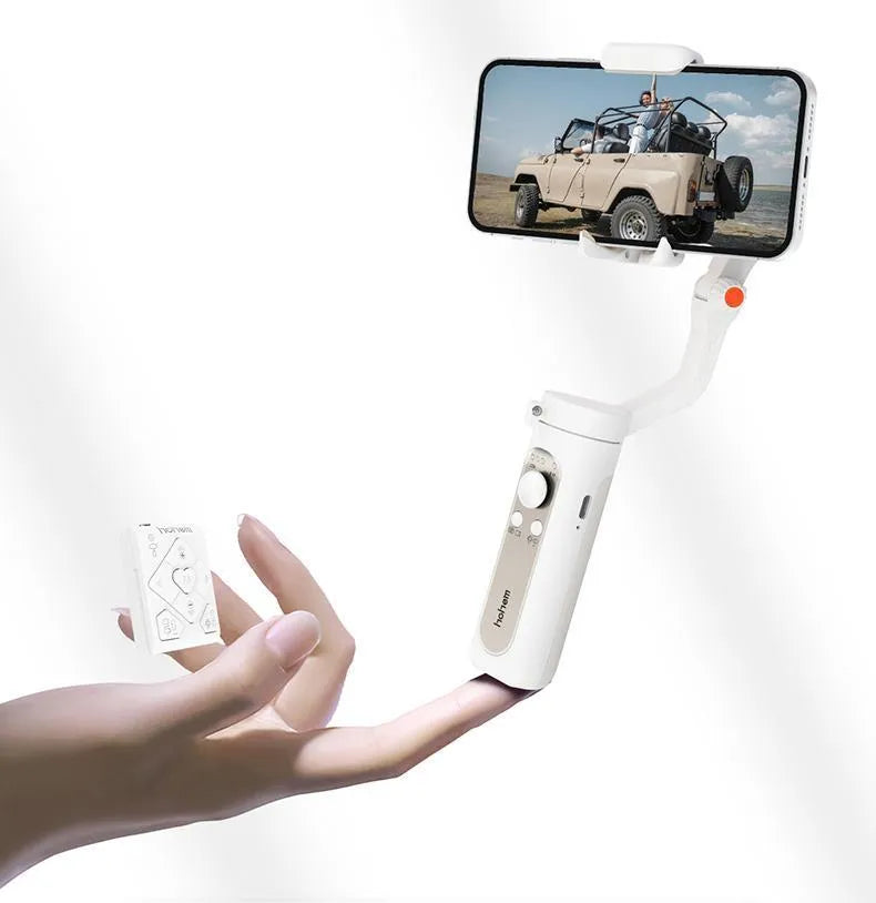 Black and white 3-axis mobile phone stabiliser shown folded to 179mm size with USB charging port