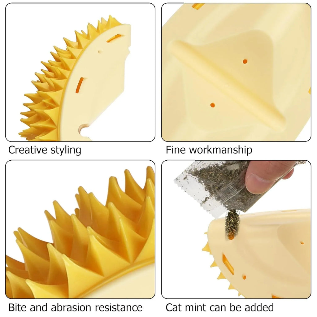 Yellow durian-shaped cat corner scratcher with grooming comb attached to a wall.