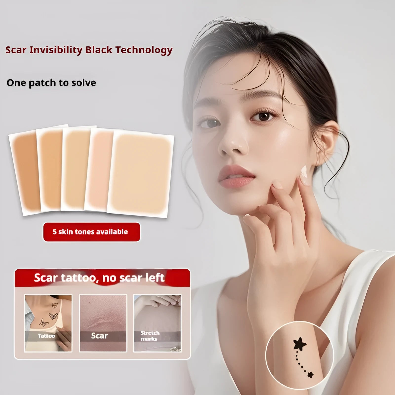 A 130mm long concealer brush for tattoo and birthmark cover, shown with colour options: white, light flesh, mid-complexion, deep flesh, popular.