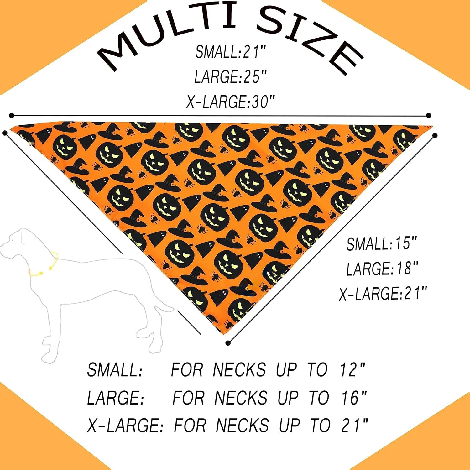 Black and orange reversible Halloween dog bandana with pumpkin and spider web patterns, showing adjustable neck strap