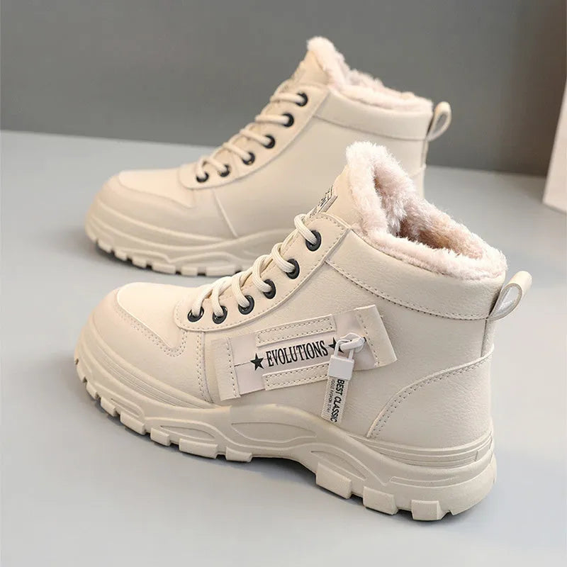 Fleece lace-up boots in black with high-top design, flat heel, and round toe. Artificial PU upper with short plush lining and waterproof platform.
