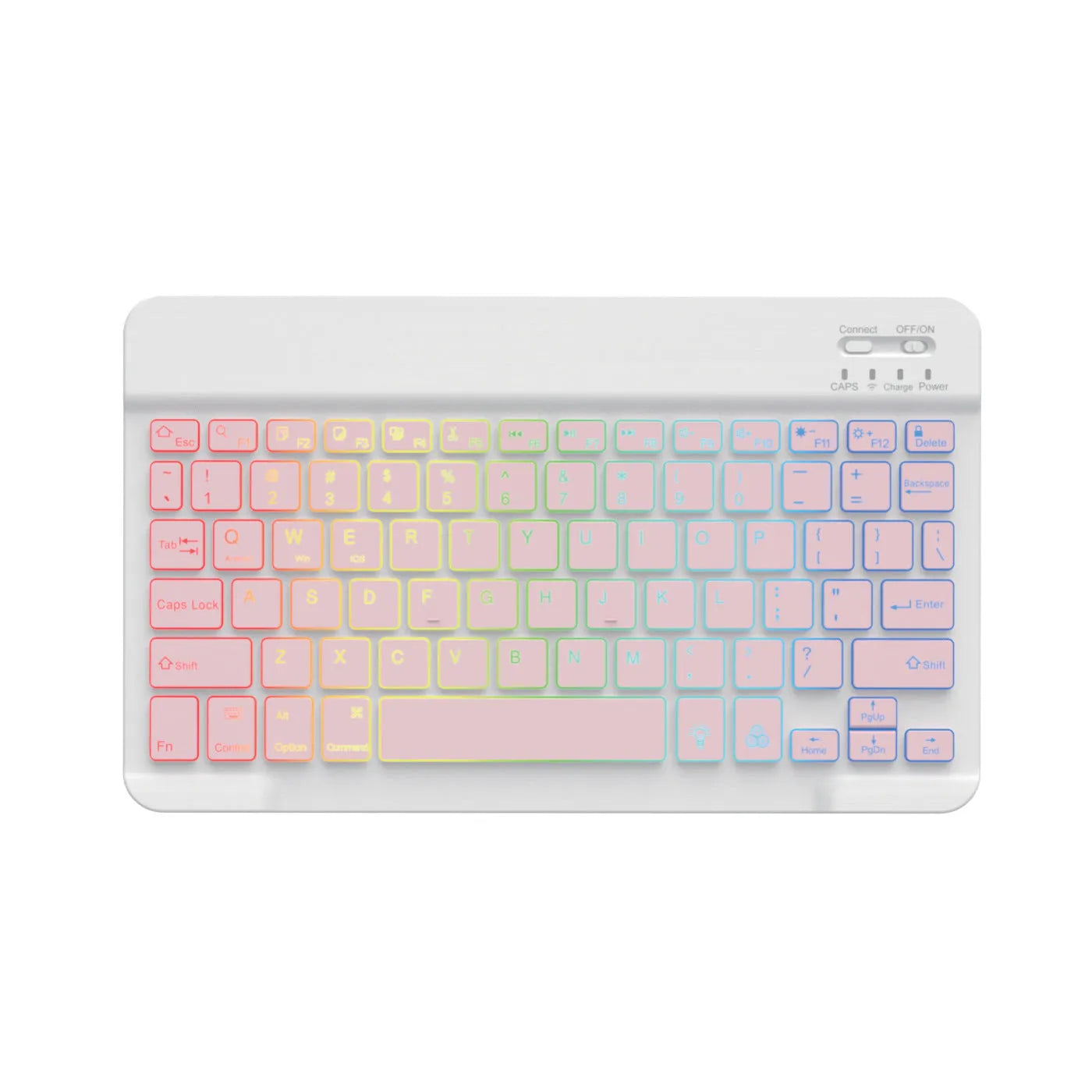 10-inch wireless Bluetooth keyboard with colourful backlit keys on a desk next to a tablet.