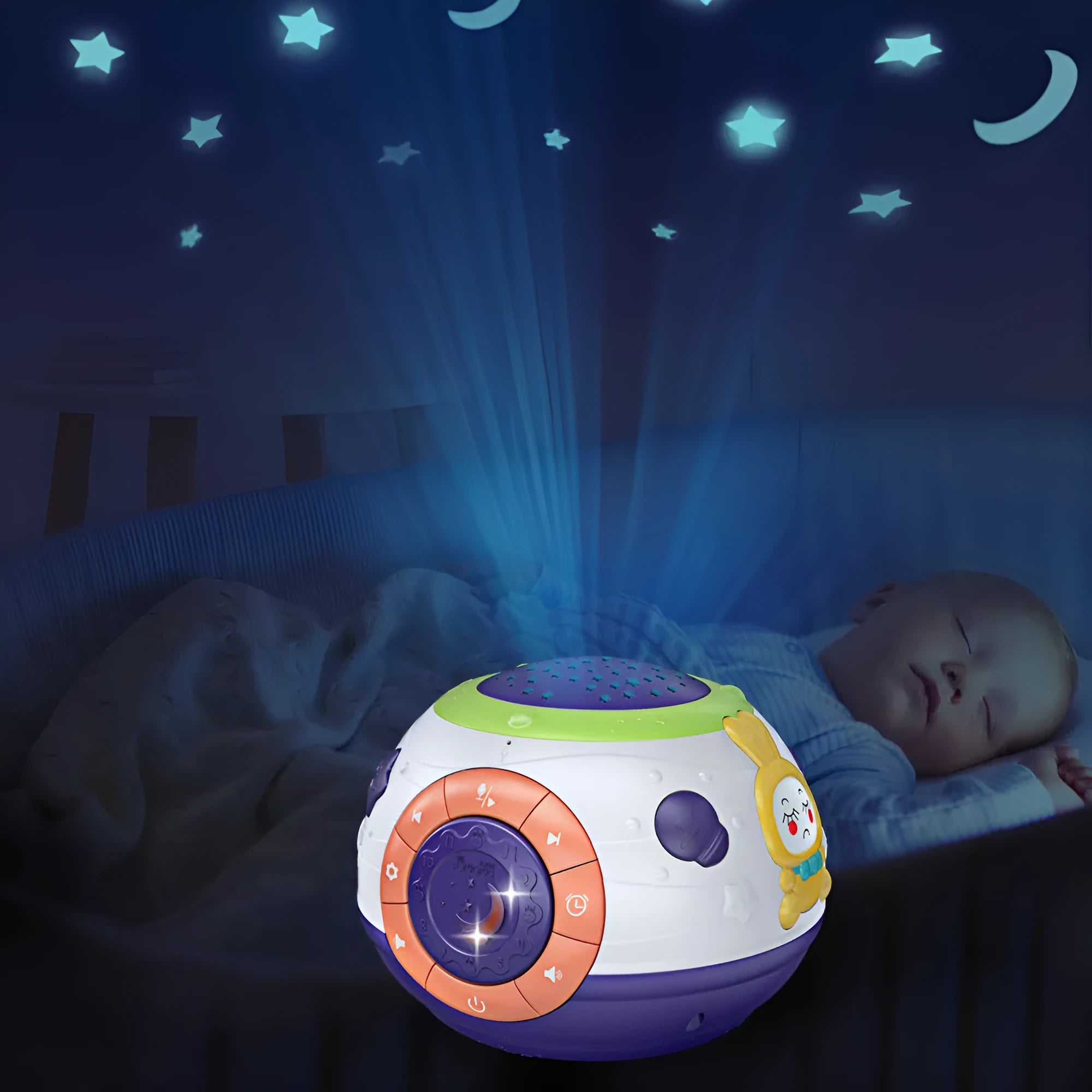 White starry sky night light projector for children with control buttons on top