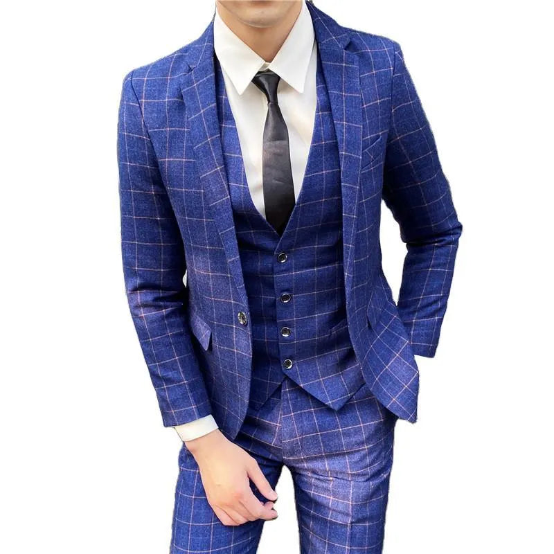 Plaid casual blazer three-piece set in red with matching vest and trousers