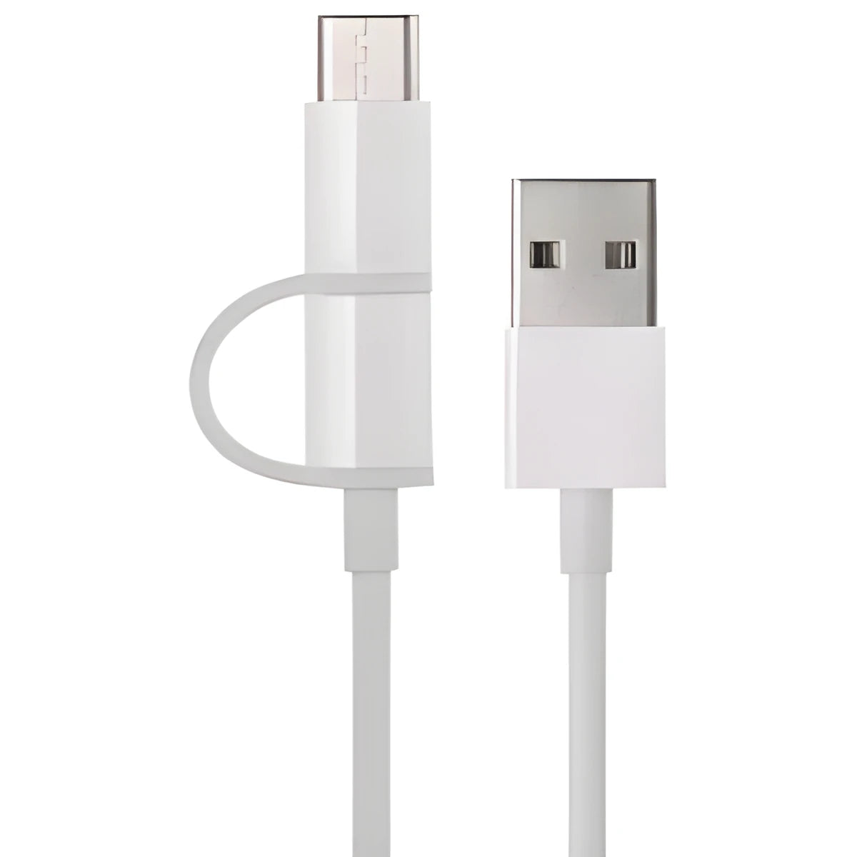Xiaomi white 30cm 2-in-1 Micro USB and Type-C charging cable on plain background