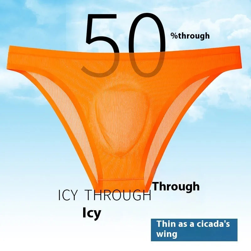A pair of seamless ultra-thin ice silk women's briefs in a solid colour, laid flat to show the low-waist design.