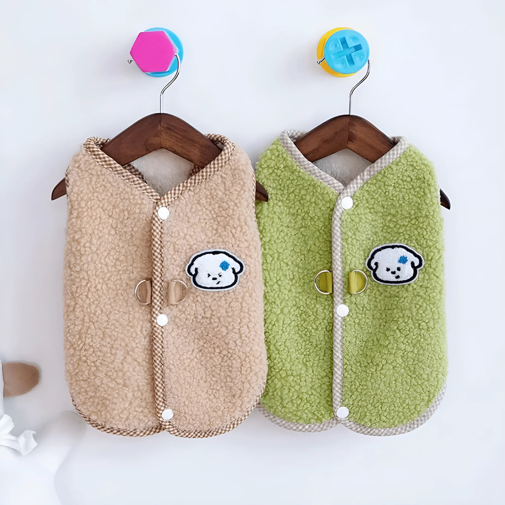 Green coral fleece dog vest with leash ring on back for small dogs