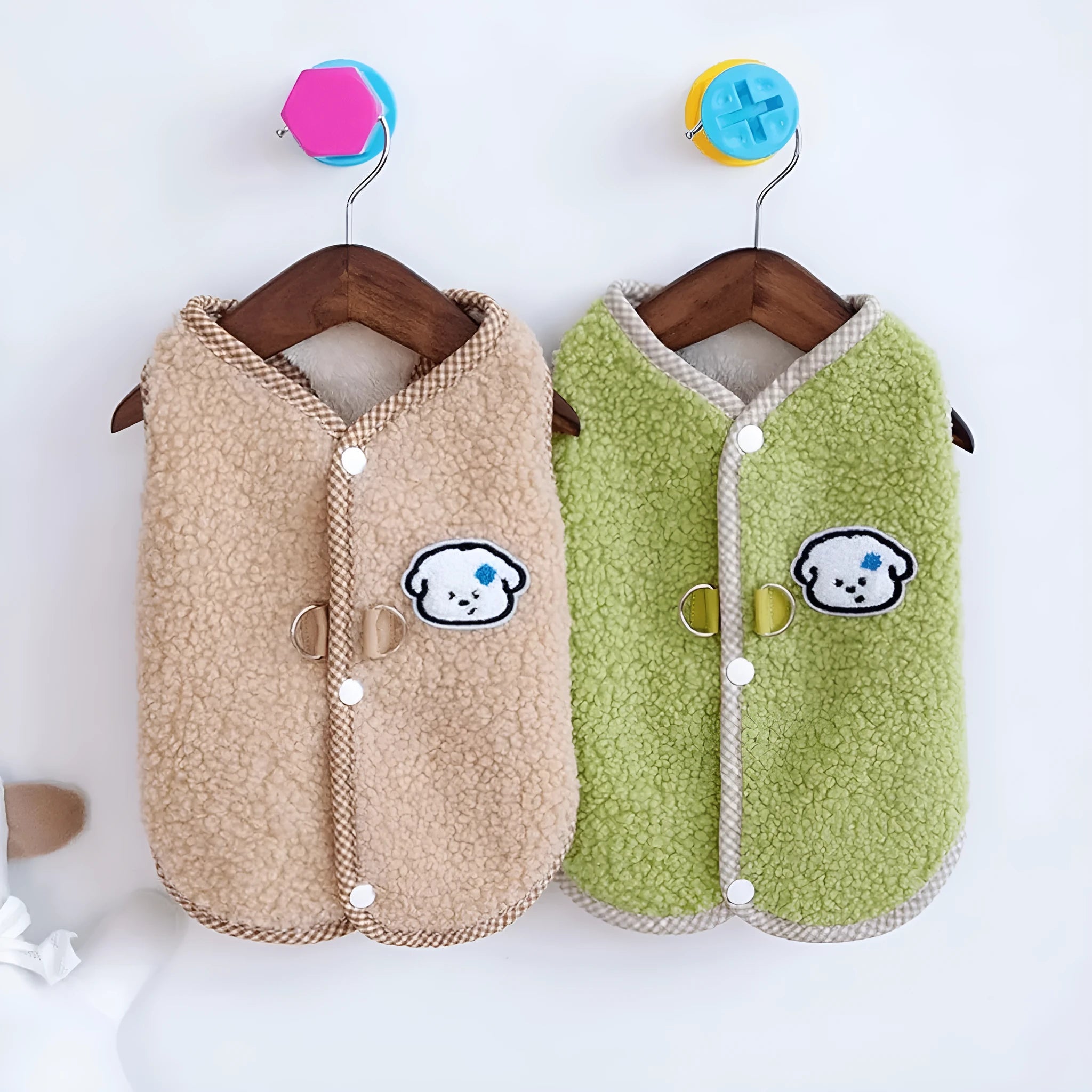 Green coral fleece dog vest with leash ring on back for small dogs