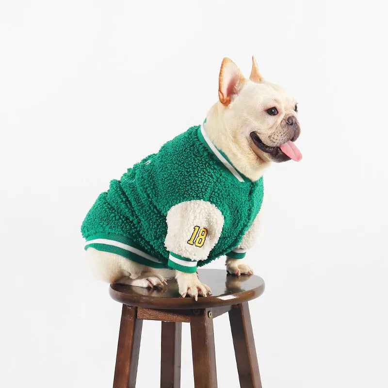 Green dog winter jacket with fleece lining shown in sizes L to 4XL