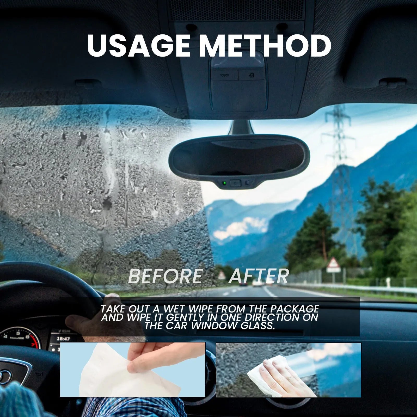 Package containing 40 car anti-fog rain repellent wipes for windscreen treatment