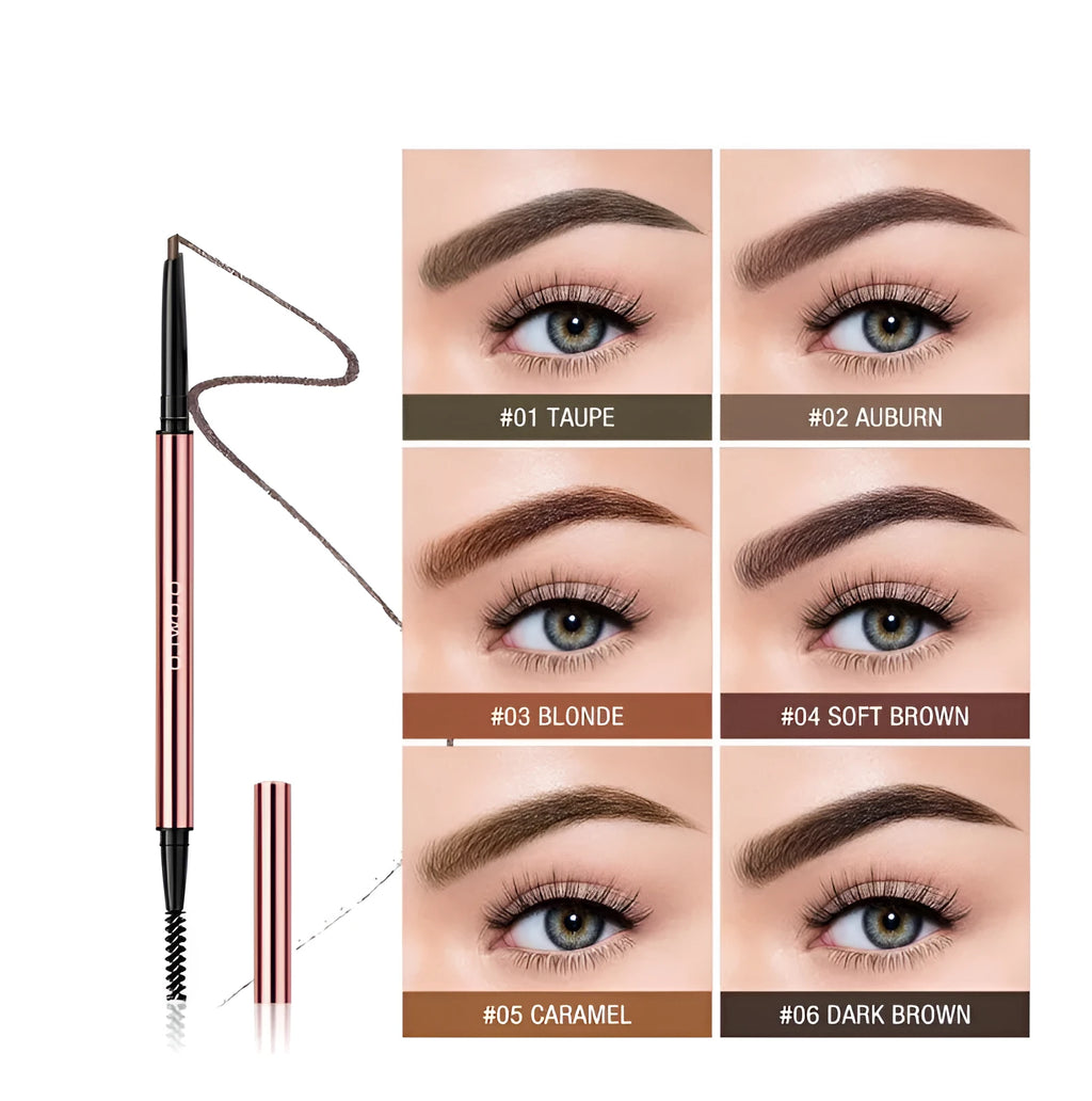 Slim eyebrow pencil in colour box with auburn, blonde, caramel, dark brown, soft brown, taupe shades.