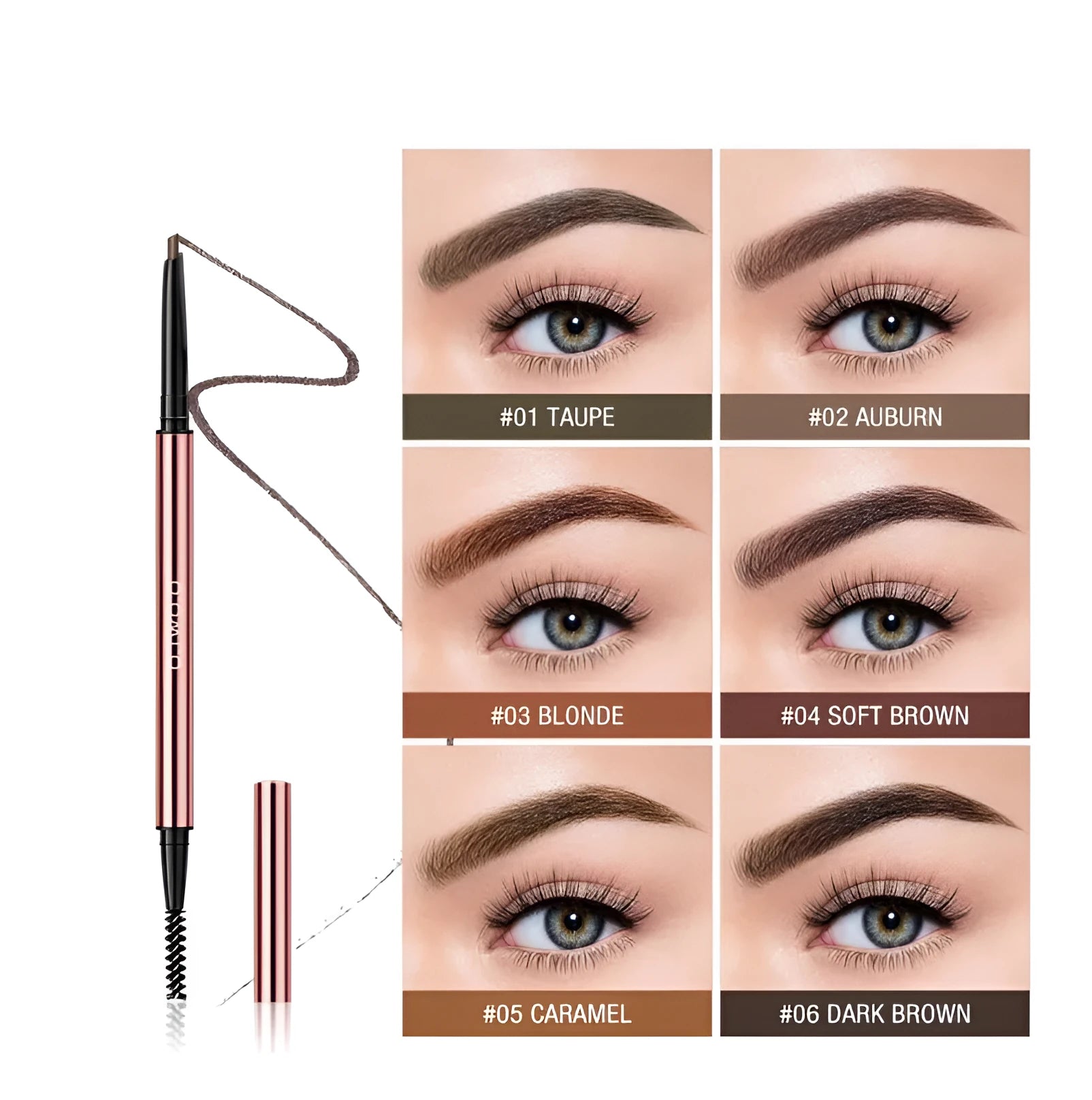 Slim eyebrow pencil in colour box with auburn, blonde, caramel, dark brown, soft brown, taupe shades.