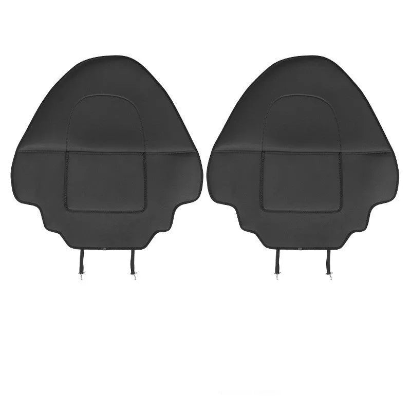 A pair of black leather motorcycle seat kick pads, each with a single pocket.