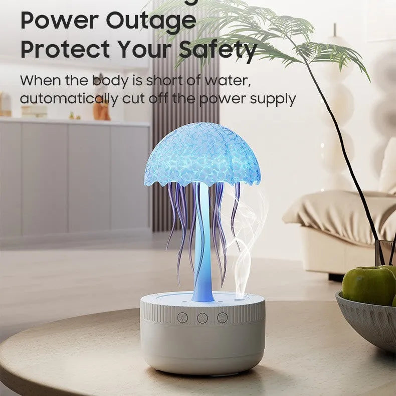 White USB rotating colorful light humidifier with large mist output on a desktop surface