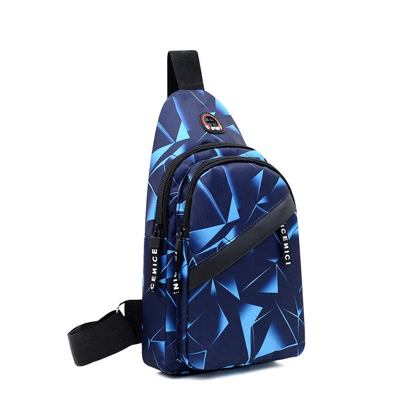 Men's blue print sling chest crossbody bag showing earphone hole and zipper pocket.
