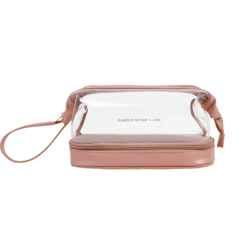 Double layer transparent steel wire cosmetic bag in PU leather, 24.5x15x17cm, available in black, brown, milk apricot white, and rose pink