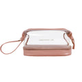Double layer transparent steel wire cosmetic bag in PU leather, 24.5x15x17cm, available in black, brown, milk apricot white, and rose pink