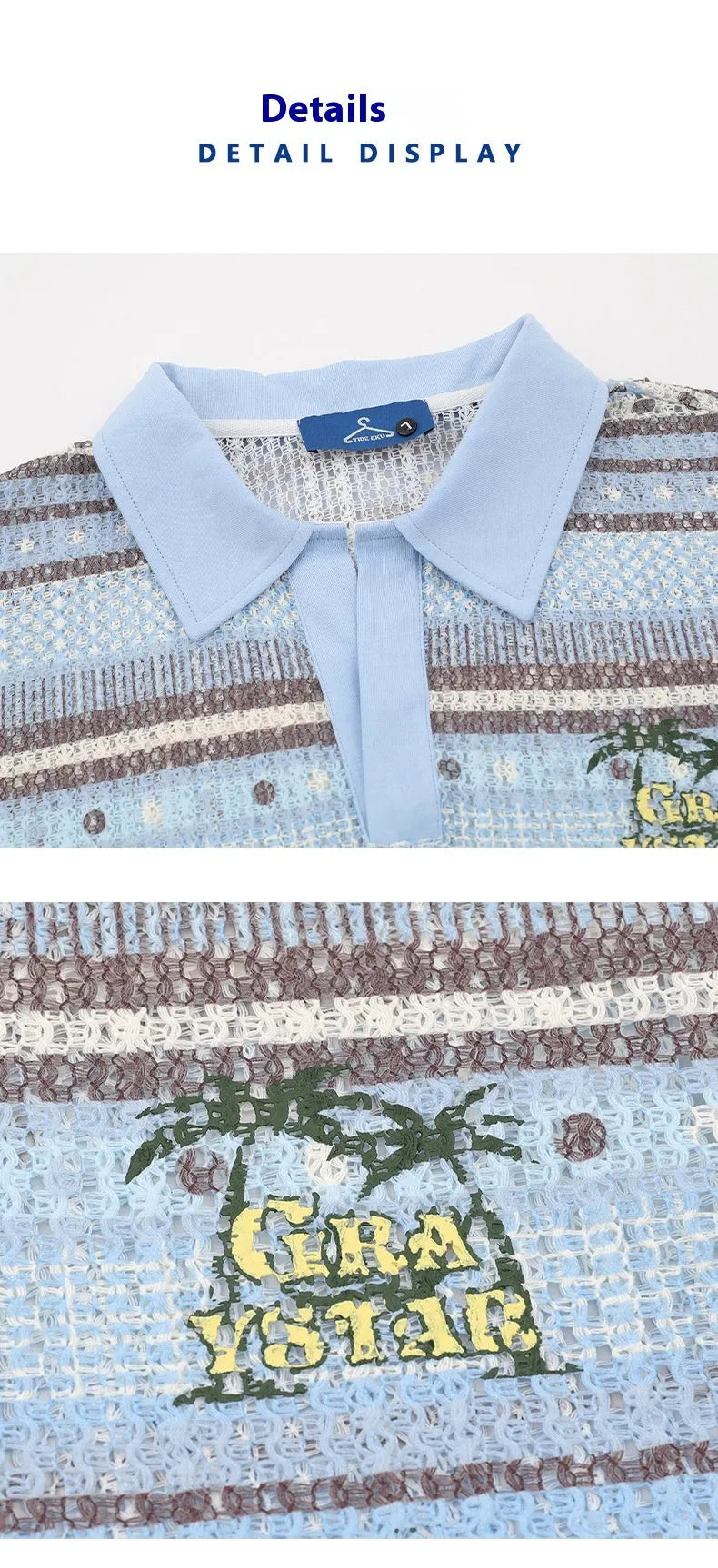 Men's blue printed short sleeve shirt with elastic fabric on a hanger