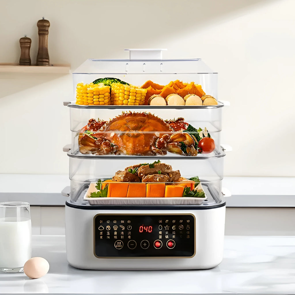 Stainless steel electric food steamer with 10-litre capacity and automatic water measurement function