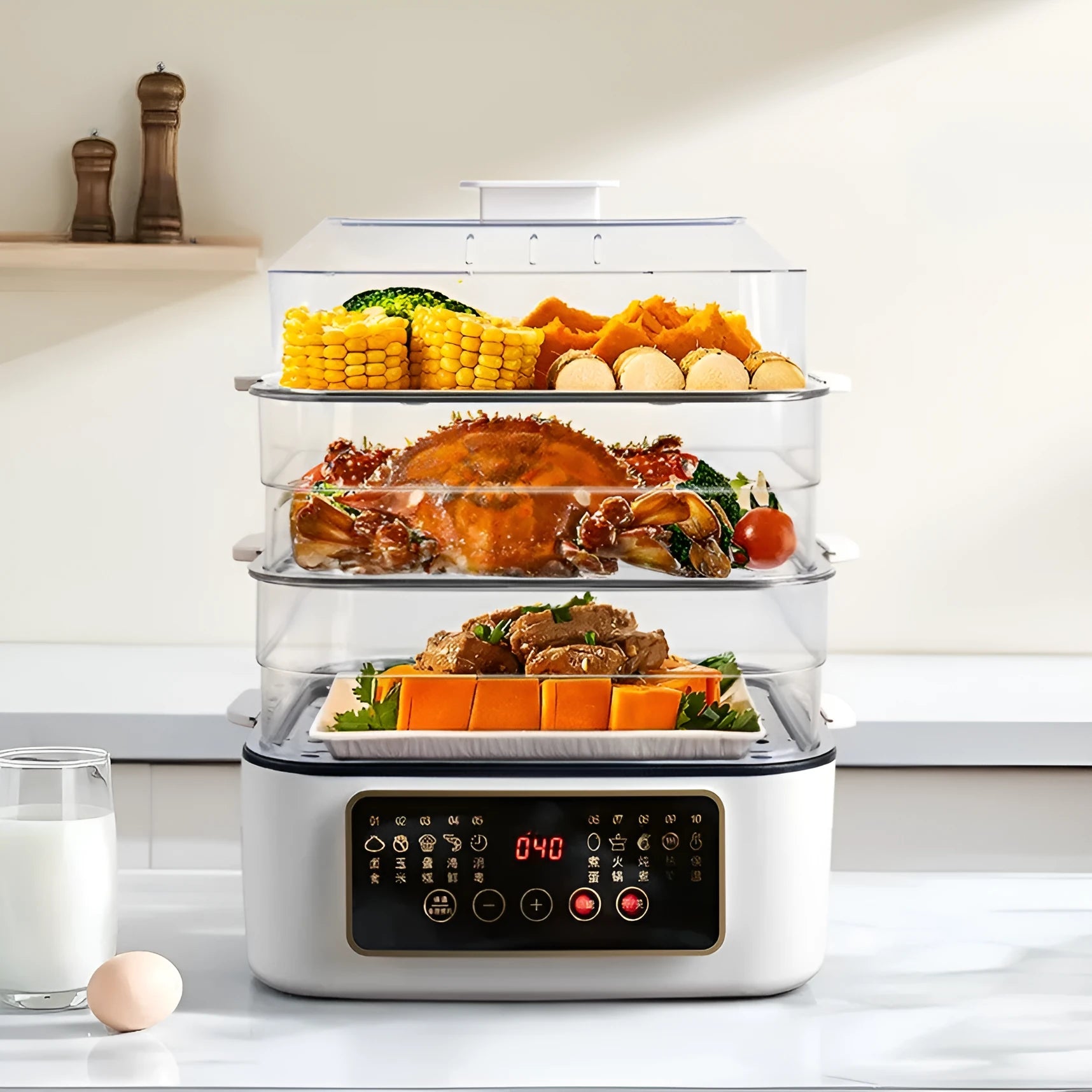 Stainless steel electric food steamer with 10-litre capacity and automatic water measurement function