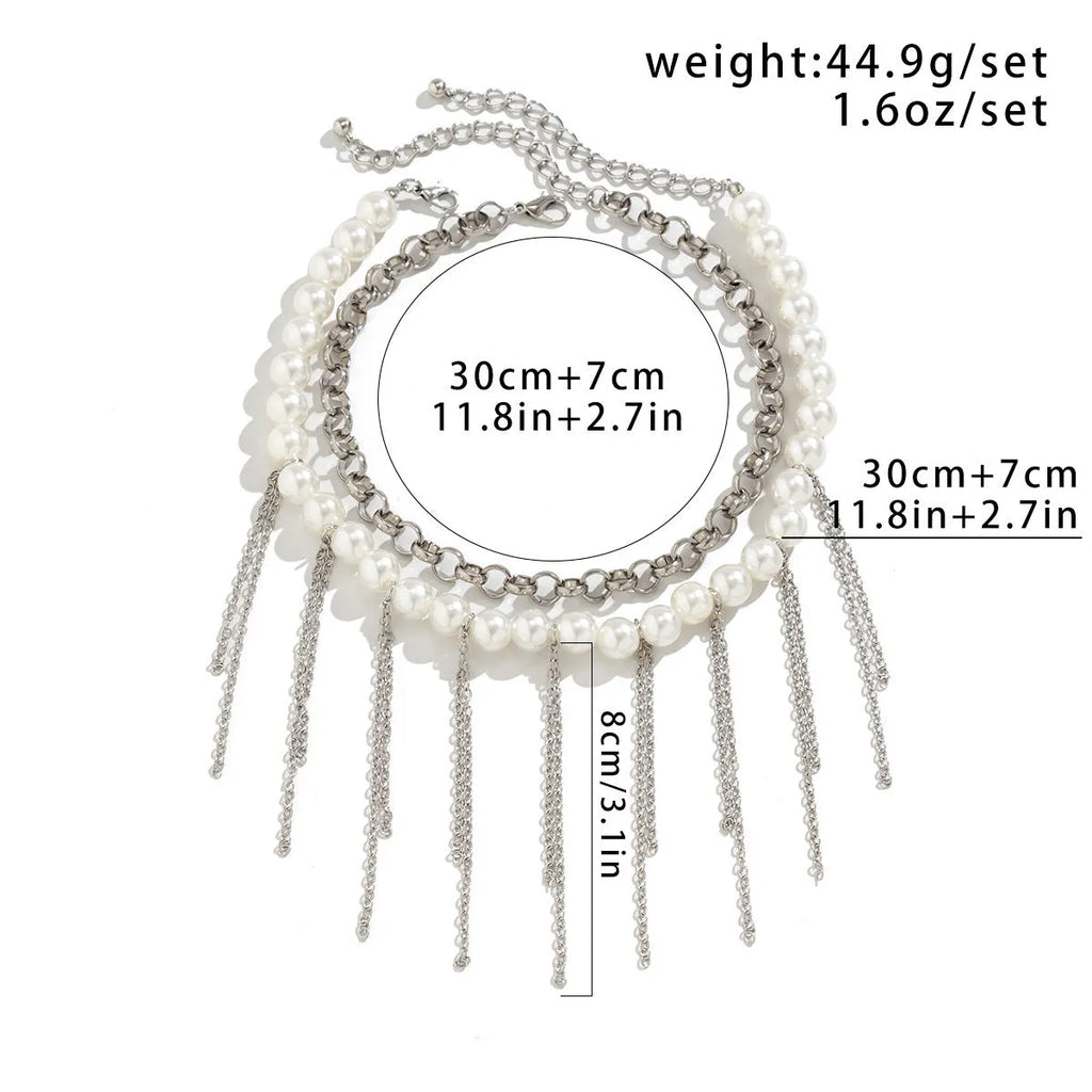 Imitation pearl tassel chain double-layer retro necklace with white K finish and geometric iron pendant