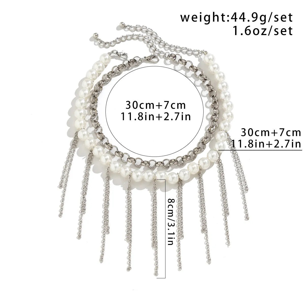 Imitation pearl tassel chain double-layer retro necklace with white K finish and geometric iron pendant