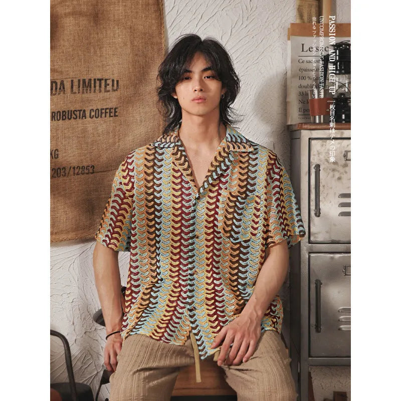 Plus size Cuban collar short sleeve shirt with jacquard patterning in grey or red