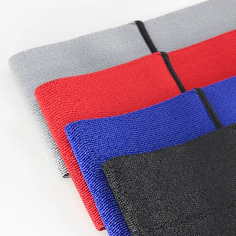Elastic elbow support bandage for sports, shown in red, grey, blue, and black colours with size options S, M, and L.