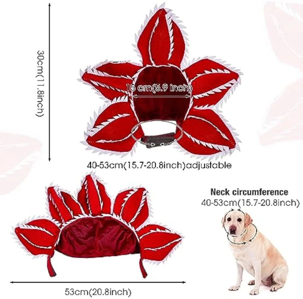 Dog wearing Halloween demon chomper hat costume with flower headband for medium-sized pets