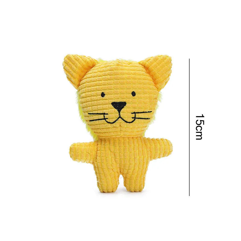 Animal-shaped plush dog chew toy with squeaker in multiple colour options