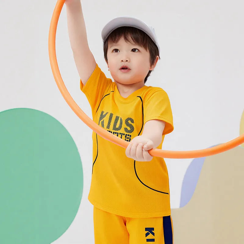Children short-sleeved sportswear set with letter print, polyester blend, available in multiple colours for boys and girls