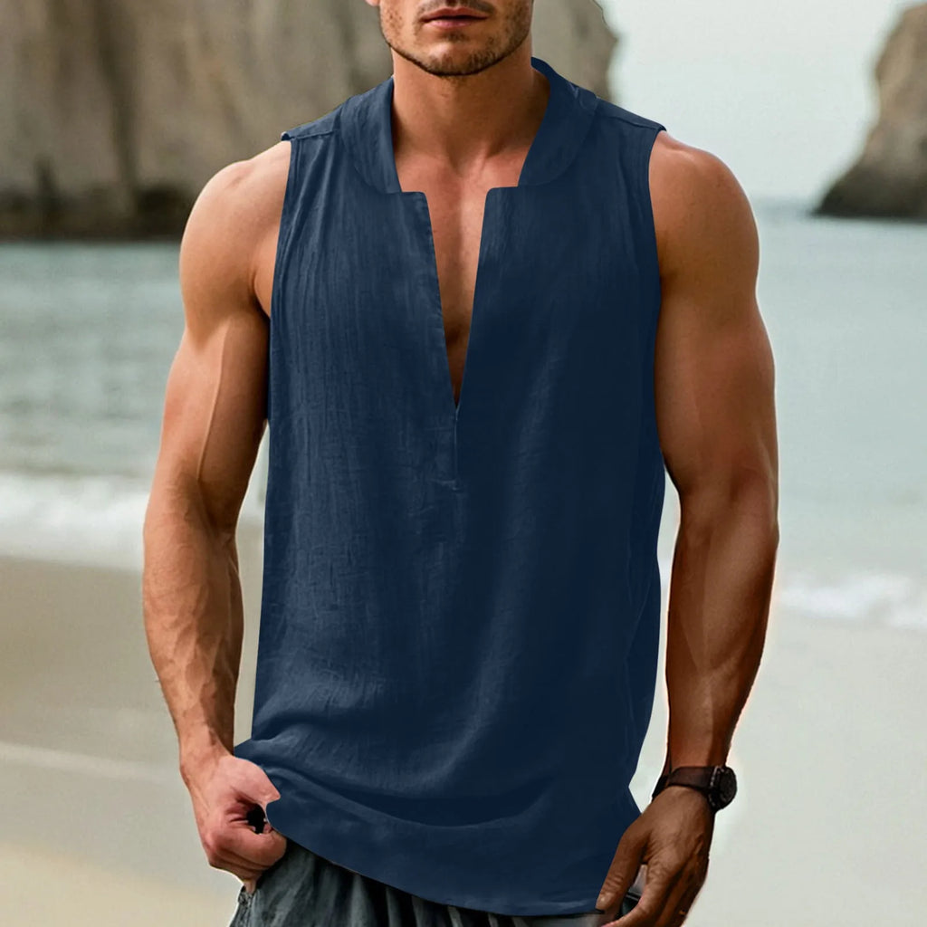 Men's sleeveless bottoming shirt in cotton linen blend available in seven colours with non-ironing treatment
