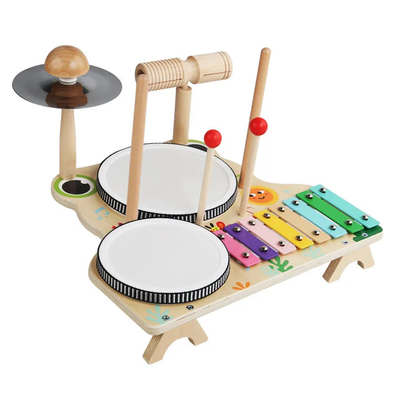Wooden frog multi-functional drum kit educational toy, 33 x 30 x 23 cm, in a colour box