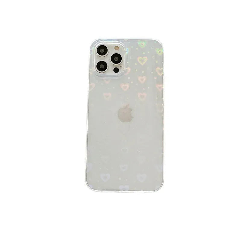 Transparent silicone iPhone case with laser colourful love heart design on the back.