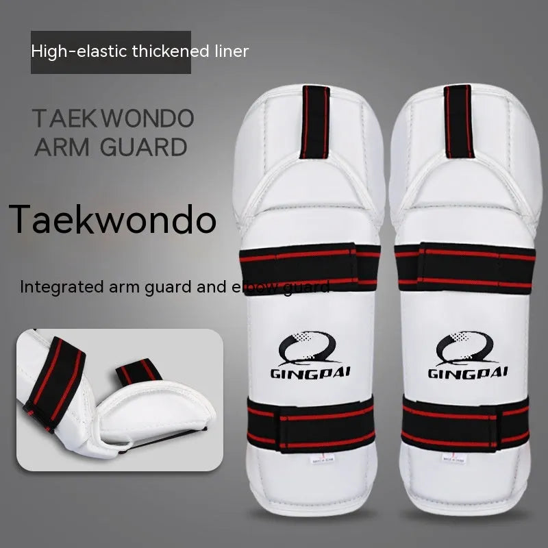 Taekwondo protective gear set showing arm guards, elbow protectors and legguards in PU EVA foam construction