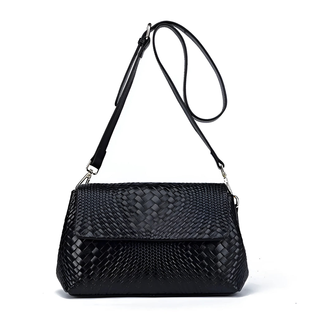 Genuine leather woven crossbody bag black first layer cowhide embossed finish horizontal square shape single shoulder strap